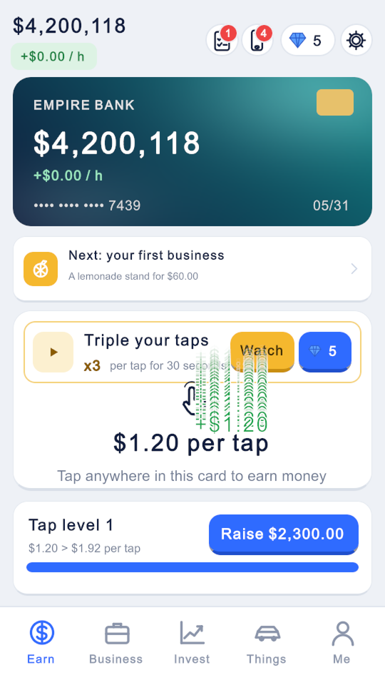 The earning screen, with a bank card and a tap area